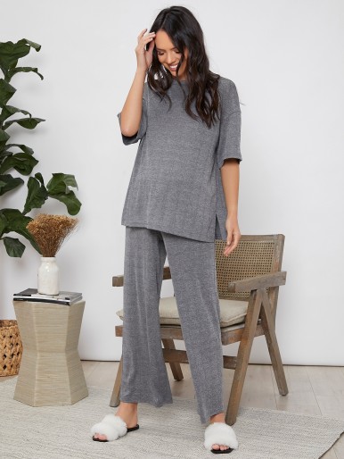 Maternity Drop Shoulder Solid Top & Pants Set