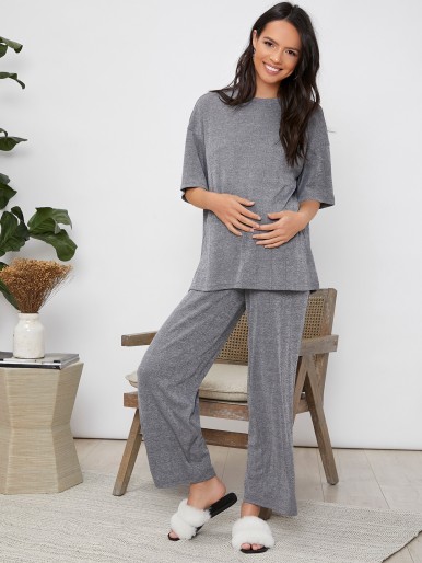 Maternity Drop Shoulder Solid Top & Pants Set