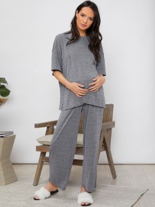 Maternity Drop Shoulder Solid Top & Pants Set