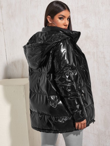 Pocket Front Metallic Puffer Coat