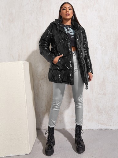 Pocket Front Metallic Puffer Coat