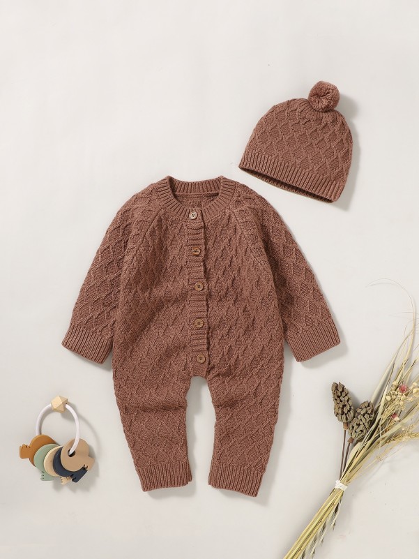 Baby Boy Button Front Knit Jumpsuit With Hat