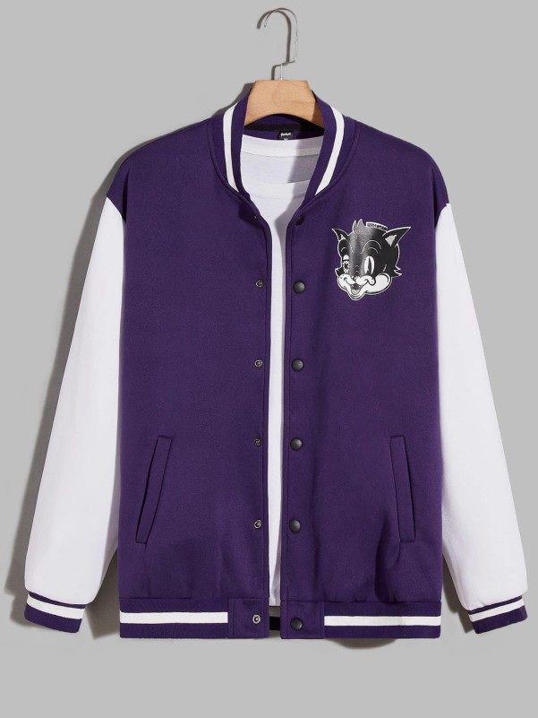 Guys Colorblock Cat Graphic Varsity Jacket