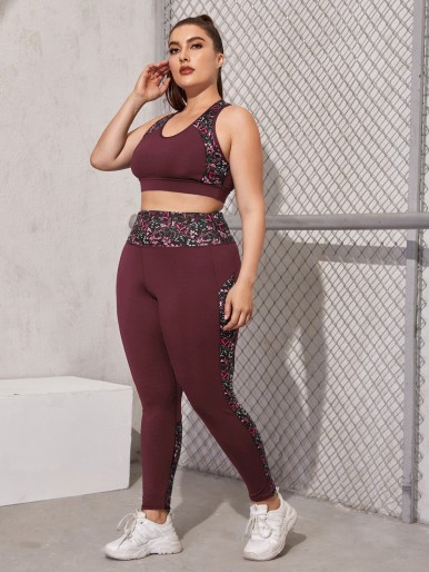 Plus Contrast Floral Cut Out Sports Bra With Leggings