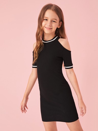 Girls Cold Shoulder Contrast Striped Trim Dress