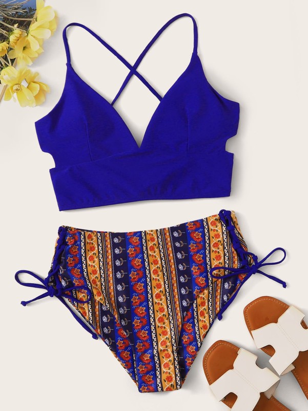 Tribal Print Lace-up Back High Waisted Bikini Swimsuit