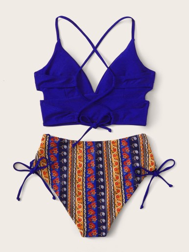 Tribal Print Lace-up Back High Waisted Bikini Swimsuit