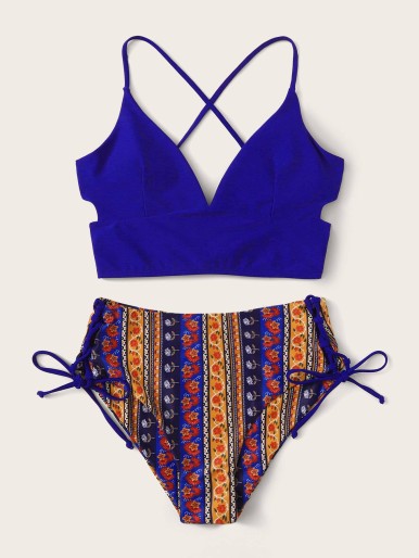 Tribal Print Lace-up Back High Waisted Bikini Swimsuit