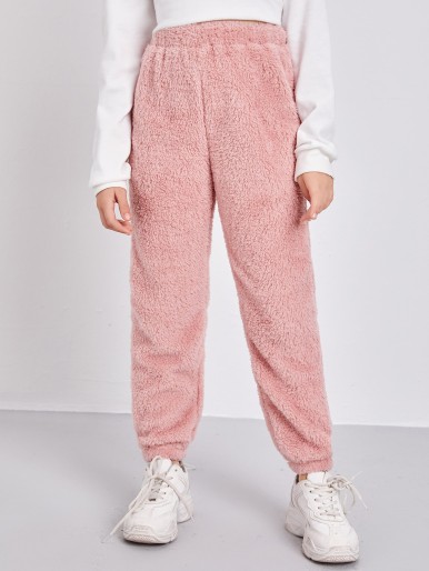 Girls Elastic Waist Solid Teddy Pants