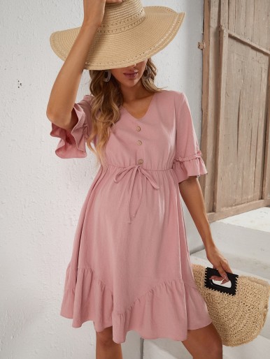 Maternity Button And Tie Front Ruffle Trim Dress