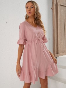 Maternity Button And Tie Front Ruffle Trim Dress