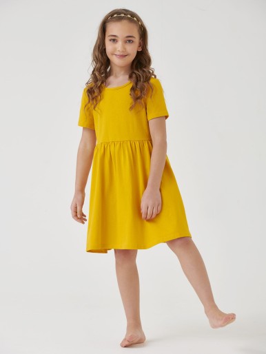 Girls Cotton Solid Smock Dress