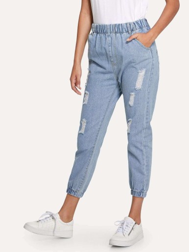 Elastic Hem Shredded Jeans