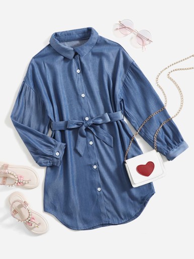 Girls Drop Shoulder Belted Denim Shirt Dress