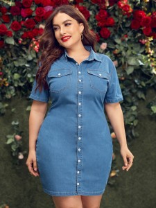 Plus Flap Pockets Button Front Shirt Denim Dress