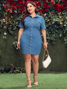 Plus Flap Pockets Button Front Shirt Denim Dress