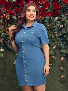 Plus Flap Pockets Button Front Shirt Denim Dress