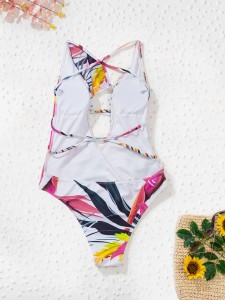 Leaf Print Crisscross One Piece Swimsuit