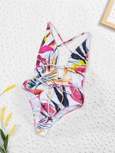 Leaf Print Crisscross One Piece Swimsuit