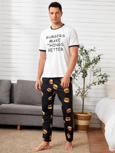 Men Slogan Graphic Ringer Top & Hamburger Print Pants PJ Set