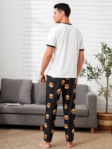 Men Slogan Graphic Ringer Top & Hamburger Print Pants PJ Set