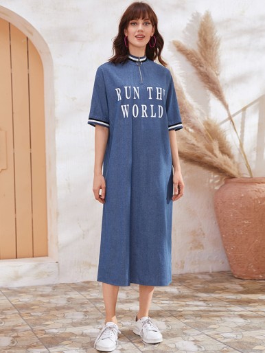 Zip Half Placket Contrast Striped Trim Slogan Graphic Denim Dress