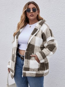 Plus Plaid Zip Up Hooded Teddy Coat