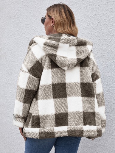 Plus Plaid Zip Up Hooded Teddy Coat