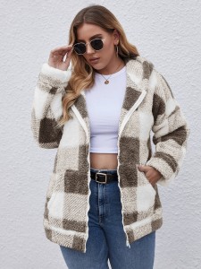 Plus Plaid Zip Up Hooded Teddy Coat