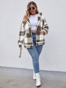 Plus Plaid Zip Up Hooded Teddy Coat