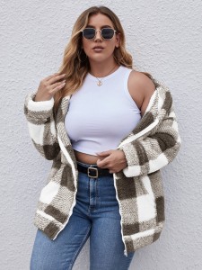 Plus Plaid Zip Up Hooded Teddy Coat