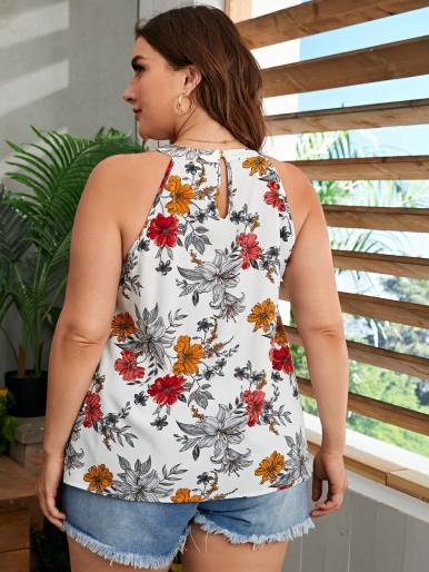 Plus Floral Keyhole Back Halter Top