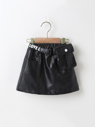 Toddler Girls Letter Ribbon Buckle Belted PU Skirt