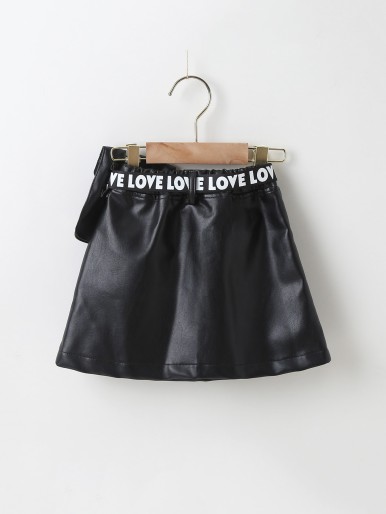 Toddler Girls Letter Ribbon Buckle Belted PU Skirt