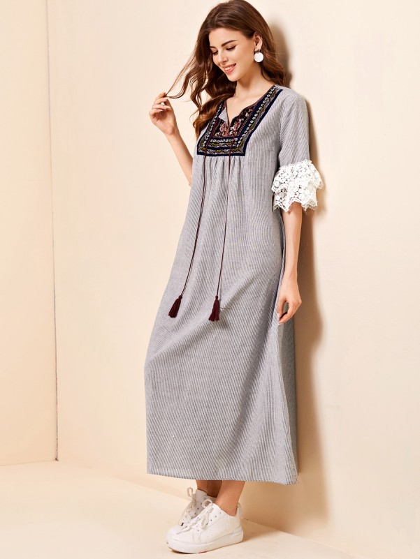 Tie Neck Tribal Embroidery Yoke Lace Cuff Striped Dress