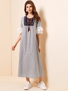 Tie Neck Tribal Embroidery Yoke Lace Cuff Striped Dress