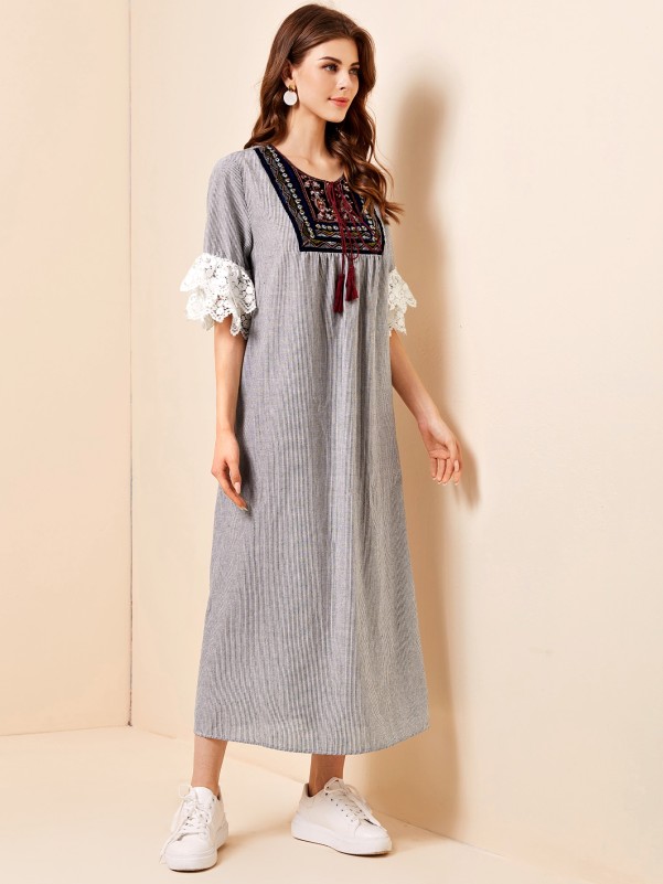 Tie Neck Tribal Embroidery Yoke Lace Cuff Striped Dress