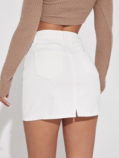 Split Hem Slant Pocket Denim Skirt