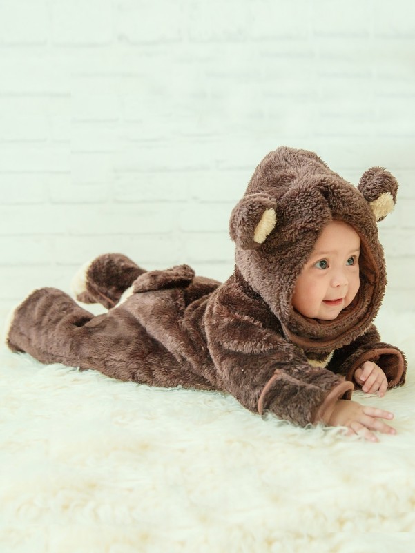 Baby Raglan Sleeve 3D Patched Footed Flannel Jumpsuit & Hat