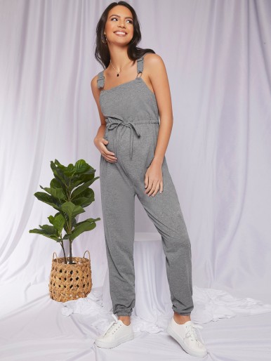 Maternity Buckle Strap Knot Front Solid Romper