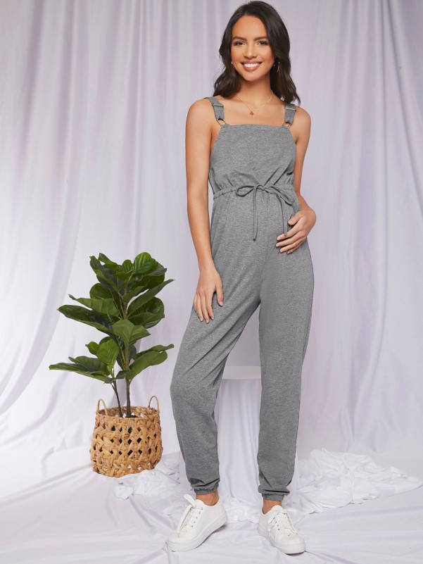 Maternity Buckle Strap Knot Front Solid Romper