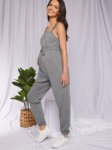 Maternity Buckle Strap Knot Front Solid Romper