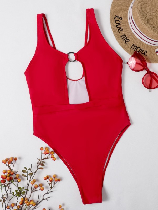 Cut-out Ring Linked One Piece Swimsuit