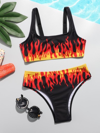 Girls Fire Print Bikini Swimsuit