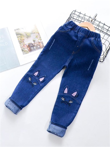 Toddler Girls Cartoon Embroidery Jeans