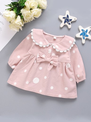 Toddler Girls Polka Dot Guipure Lace Trim Bow Front Blouse