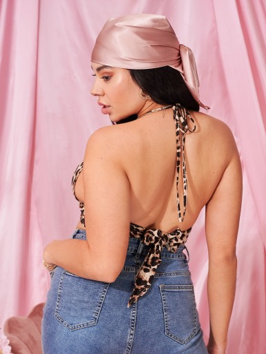 Plus Tie Backless Leopard Halter Top