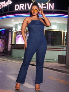 Plus Zip Back Tie Back Denim Jumpsuit