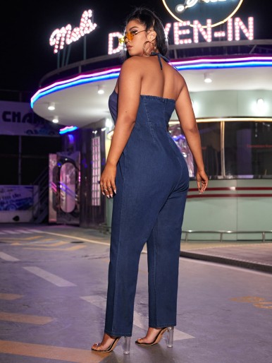 Plus Zip Back Tie Back Denim Jumpsuit