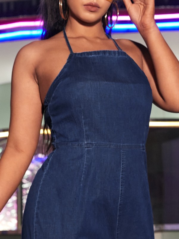 Plus Zip Back Tie Back Denim Jumpsuit